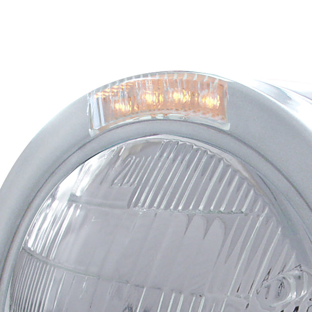 Stainless Steel Bullet Half Moon Headlight 6014 Bulb & LED Turn Signal - Clear Lens