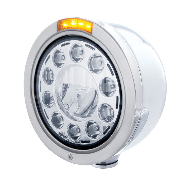 Stainless Bullet Half Moon Headlight 11 LED Bulb &amp; LED Signal - Amber Lens