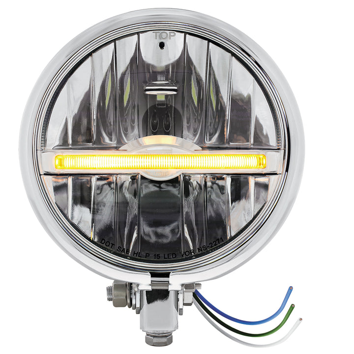 Chrome 5-3/4" Motorcycle Headlight 9 LED Bulb With Amber LED Light Bar - Bottom Mount
