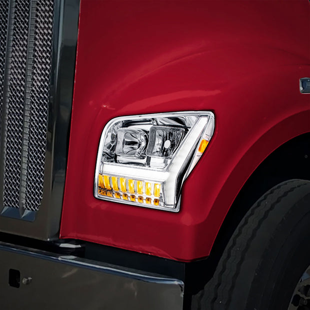 Chrome Headlight With LED DRL Light Bar & Turn Signal For 2018-2024 Kenworth W990-Driver