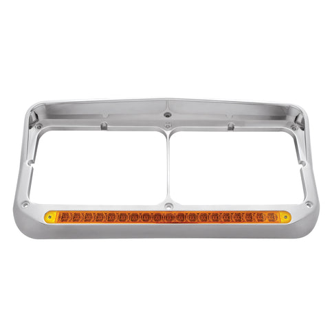 Chrome Rectangular Dual Headlight Bezel With Visor & 19 LED Light Bar - Amber LED/Amber Lens