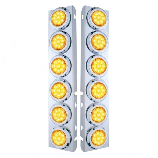 SS Front Air Cleaner Bracket With 12X 9 LED 2" Reflector Lights & Bezels For Peterbilt-Amber LED & Lens