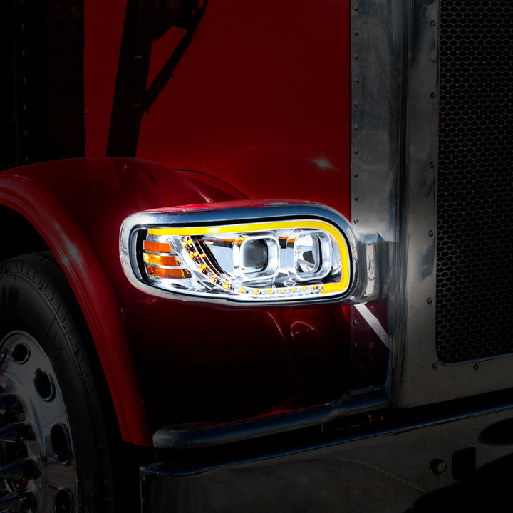 Chrome Projection Headlight With LED Turn Signal &amp; Light Bar For 2008-2024 Peterbilt 389-Passenger