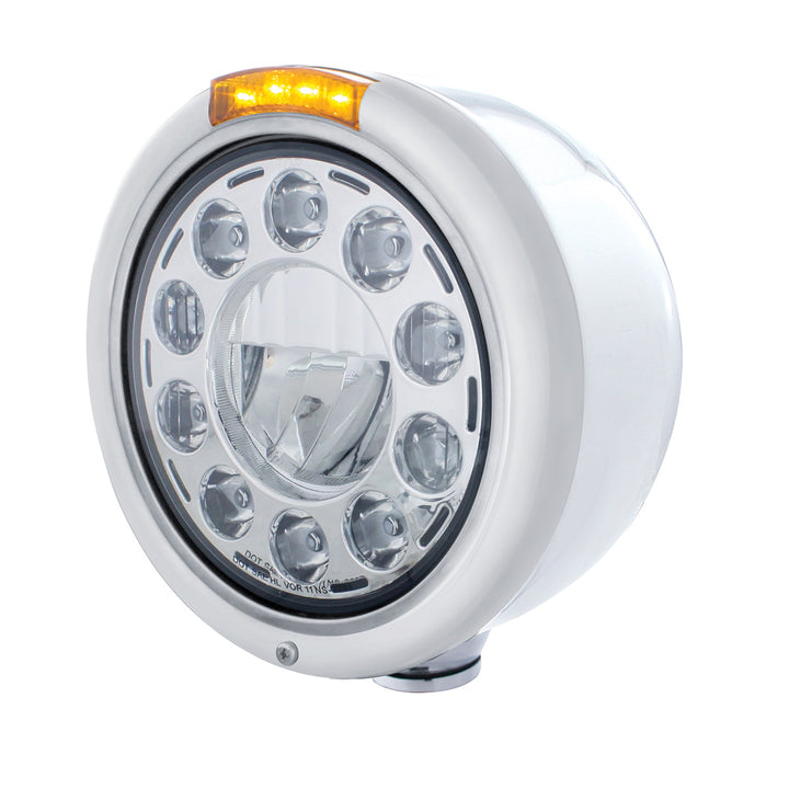 Stainless Classic Half Moon Headlight 11 LED Bulb &amp; Dual Mode LED Signal-Amber Lens