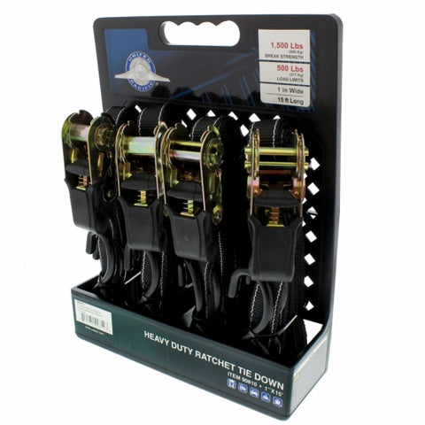1" X 15' Ratchet Tie Down - S Hook (4-Pack)