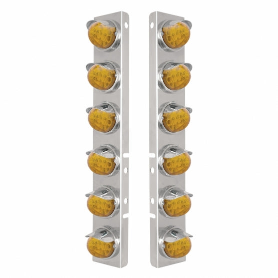 SS Front Air Cleaner Bracket With 12X 17 Amber LED Reflector Watermelon Lights & SS Visors For Peterbilt-Amber Lens