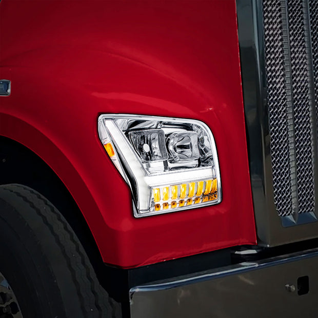 Chrome Headlight With LED DRL Light Bar & Turn Signal For 2018-2024 Kenworth W990-Passenger