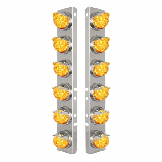SS Front Air Cleaner Bracket W/12X 17 Amber LED Watermelon Lights & SS Visors For Peterbilt-Amber Lens