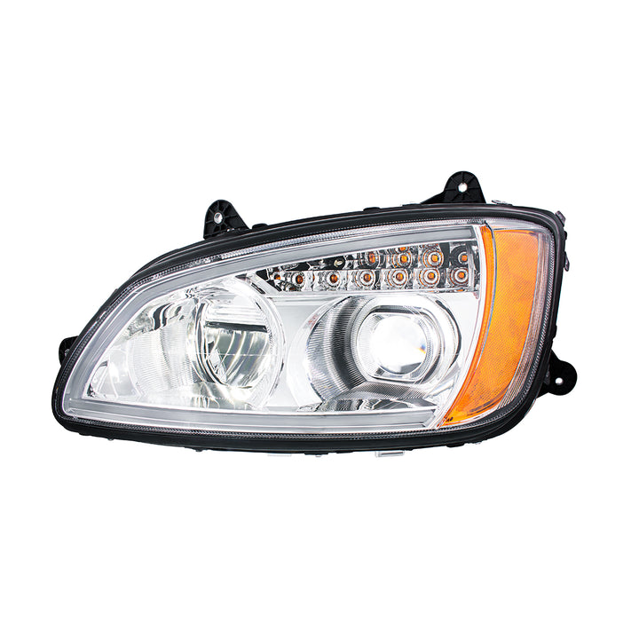 Chrome Full LED Projection Headlight With Turn Signal &amp; Position Light Bar For 2008-2017 Kenworth T660 - Driver