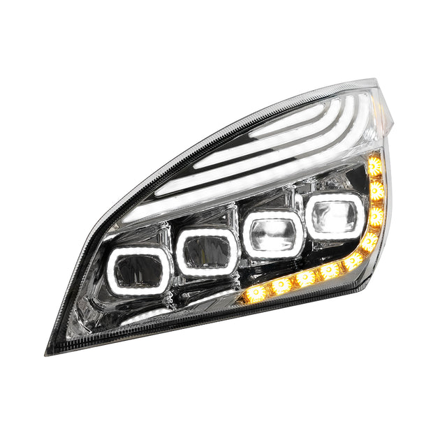 Chrome Quad-LED Headlight With LED DRL & Seq. Signal For 2018-2024 Freightliner Cascadia - Driver