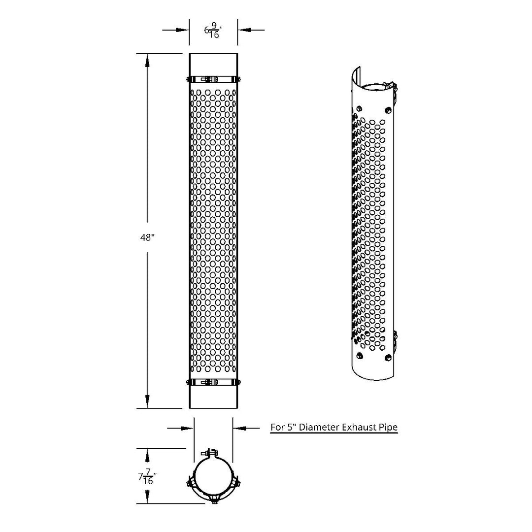 48" Tall 180 Degree Stainless Exhaust Muffler Shield For 5" Diameter Exhaust - Round Slot