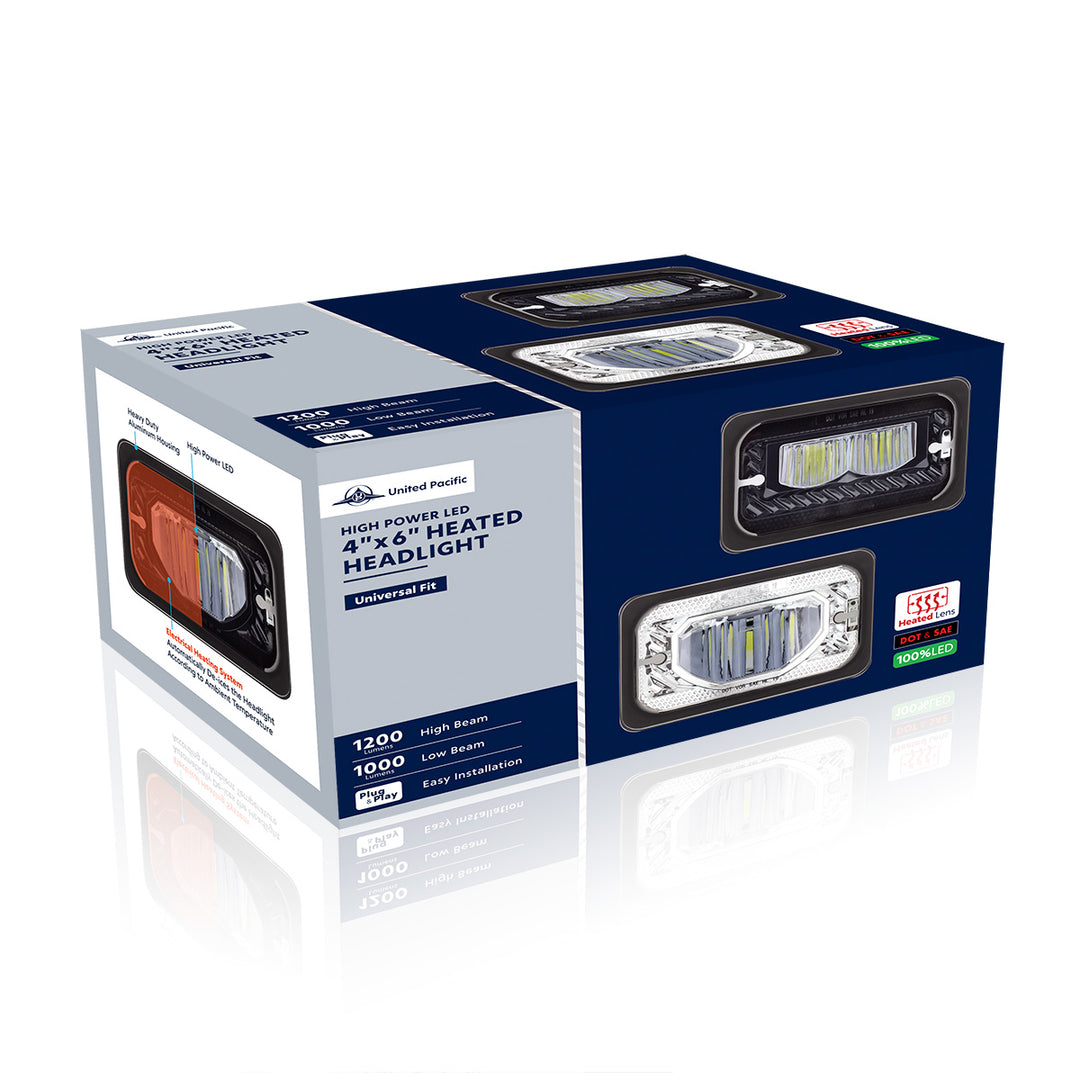 ULTRALIT - Heated 4" X 6" LED Headlight With Glass Lens &amp; Aluminum Housing - Low Beam - Chrome
