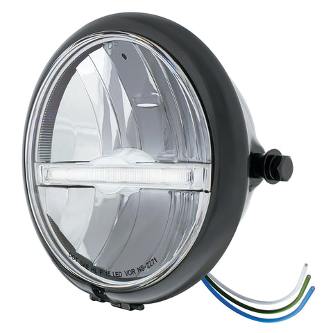 Black 5-3/4" Motorcycle Headlight 9 LED Bulb With White LED Light Bar - Side Mount