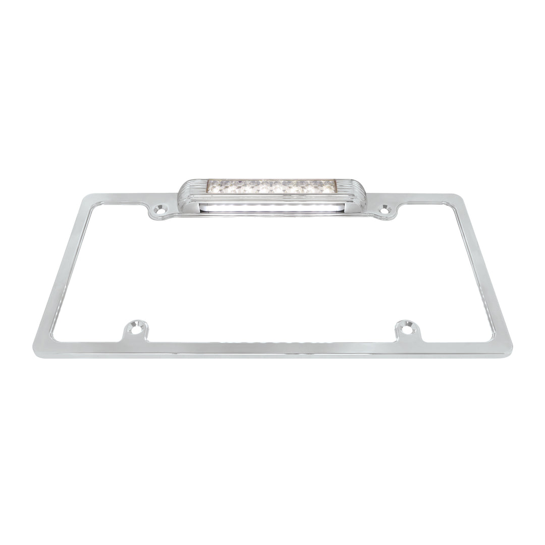 Chrome License Plate Frame With Back-Up Light - White LED/Clear Lens