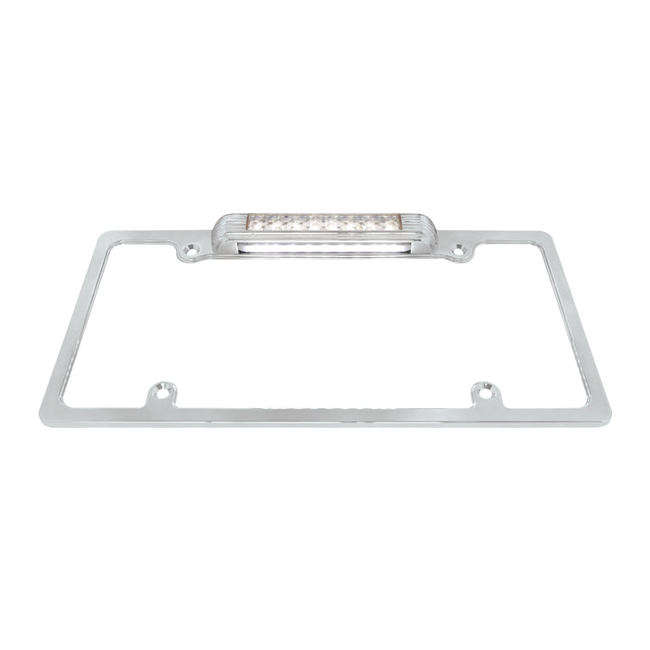 Chrome License Plate Frame With Back-Up Light - White LED/Clear Lens
