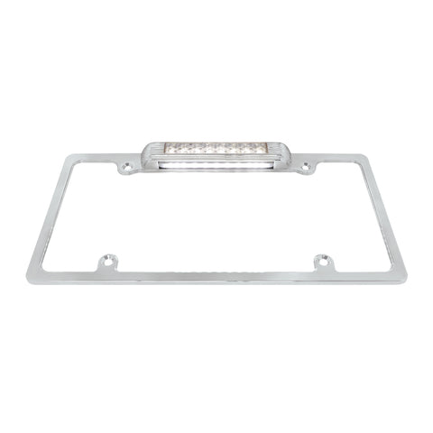 Chrome License Plate Frame With Back-Up Light - White LED/Clear Lens