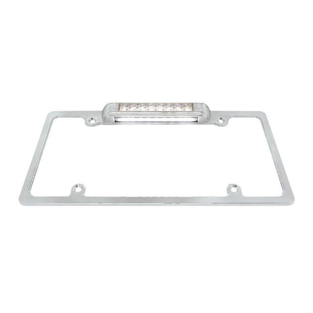 Chrome License Plate Frame With Back-Up Light - White LED/Clear Lens