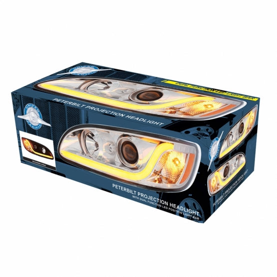 Chrome Projection Headlight W/LED Dual Function Light Bar For PB 386 (2005-2015) &amp; 387 (1999-2010) - Driver