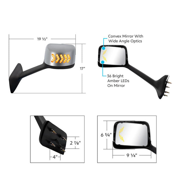 Chrome Plastic Hood Mirror Assembly With Sequential LED Turn Signals For 2018-2024 International LT-Passenger
