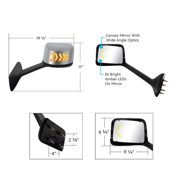 Chrome Plastic Hood Mirror Assembly With Sequential LED Turn Signals For 2018-2024 International LT-Passenger