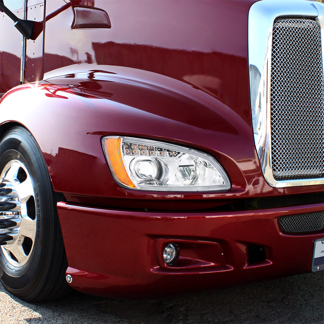 Chrome Full LED Projection Headlight With Turn Signal &amp; Position Light Bar For 2008-2017 Kenworth T660 - Passenger