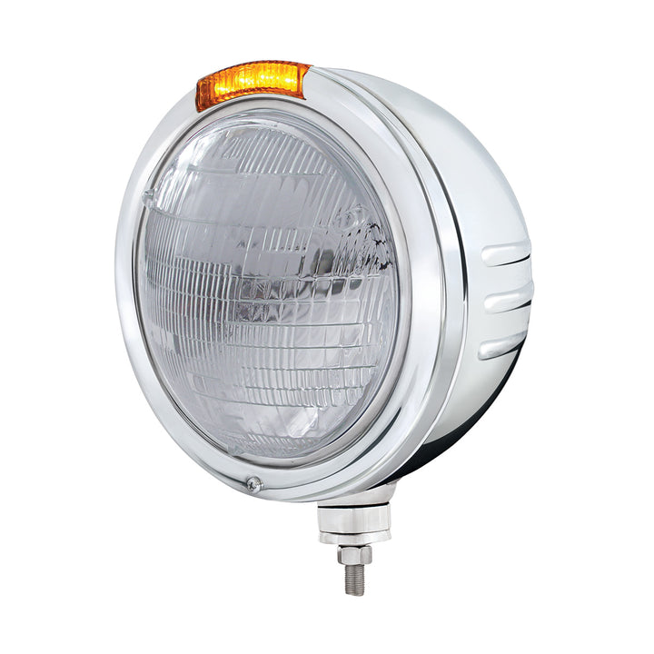 Stainless Steel Bullet Embossed Stripe Headlight 6014 &amp; Dual Mode LED Signal - Amber Lens