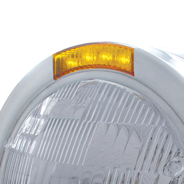 Stainless Steel Bullet Half Moon Headlight H6024 Bulb & LED Turn Signal - Amber Lens