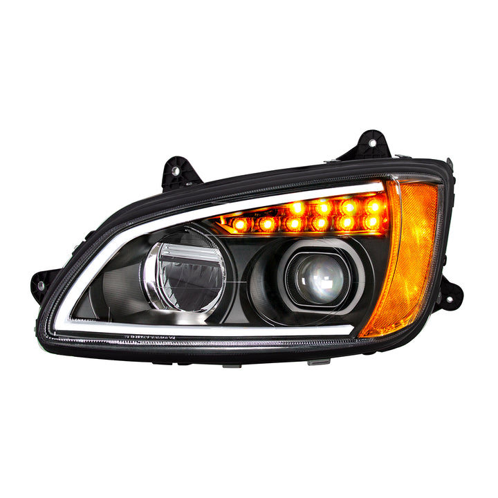 Black Full LED Projection Headlight With Turn Signal &amp; Position Light Bar For 2008-2017 Kenworth T660 - Driver