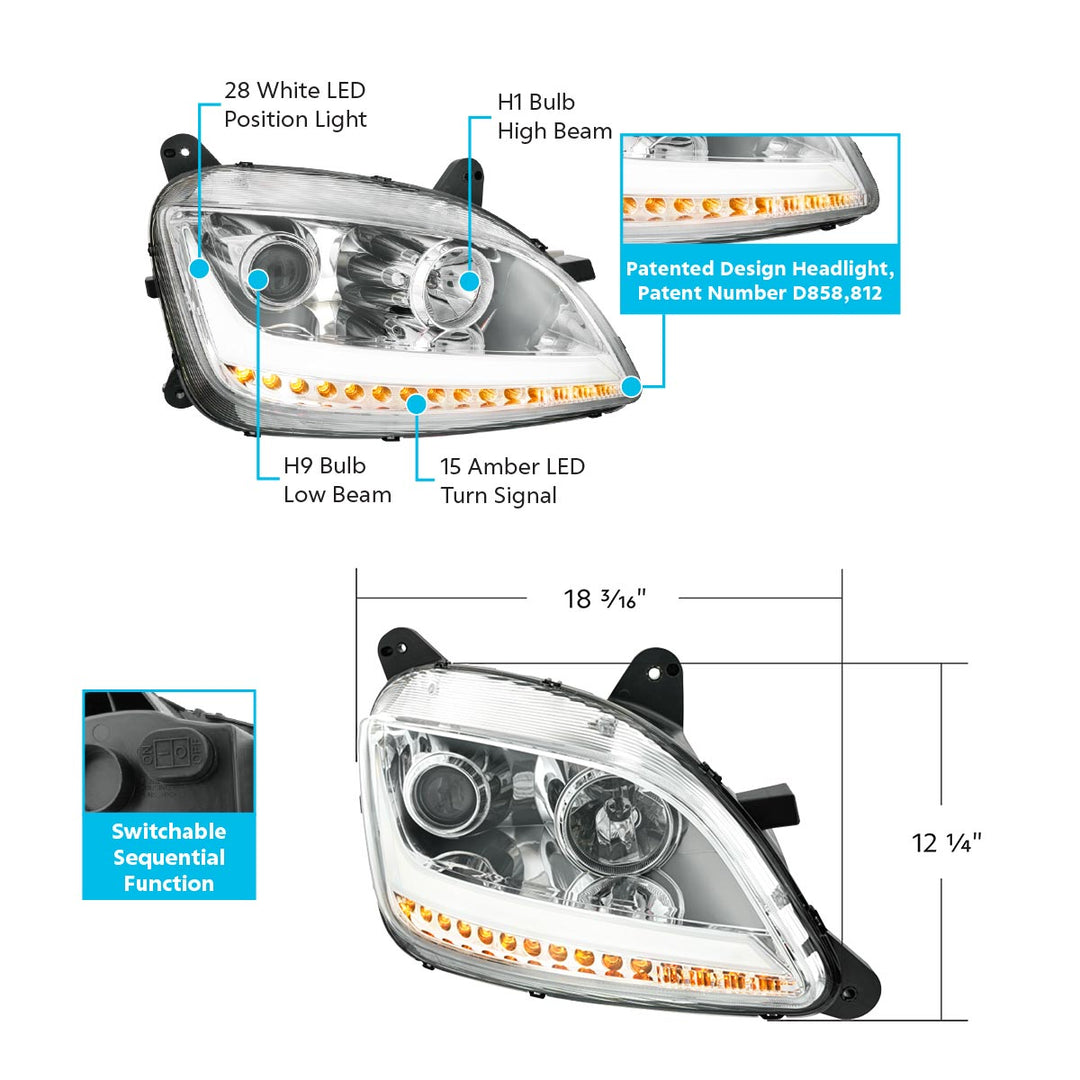 Chrome Projection Headlight With LED Position Light &amp; Sequential Signal For 2012-2021 Peterbilt 579- Passenger