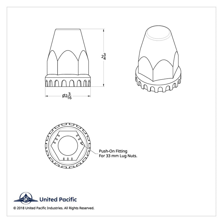 33mm x 2-3/4" Chrome Plastic Original Nut Covers - Push-On United Pacific 10265