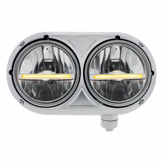 Headlight Assembly With 304 SS Housing &amp; LED Headlights W/Amber LED Position Light For Peterbilt 359 - Passenger
