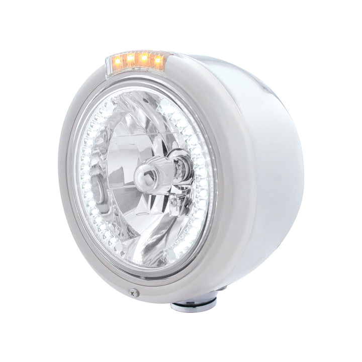Stainless Steel Classic Half Moon Headlight H4 With White LED &amp; Signal - Clear Lens