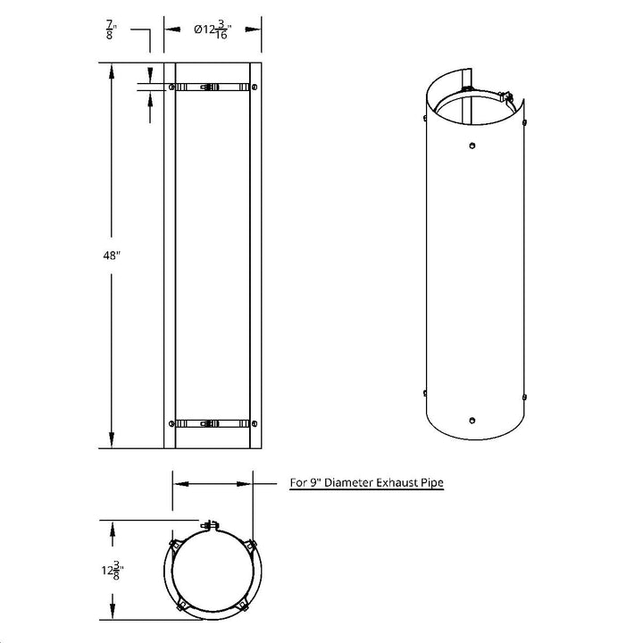 48" Tall 270 Degree Stainless Exhaust Muffler Shield For 9" Diameter Exhaust - Plain