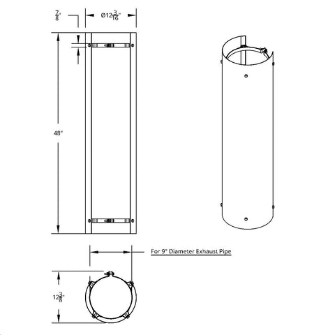 48" Tall 270 Degree Stainless Exhaust Muffler Shield For 9" Diameter Exhaust - Plain