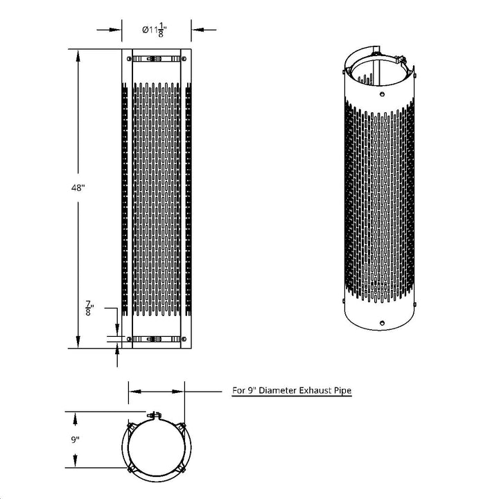 48" Tall 270 Degree Stainless Exhaust Muffler Shield For 9" Diameter Exhaust - Vertical Slot