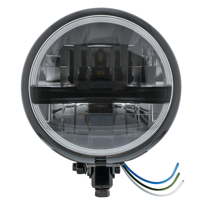 Black 5-3/4" Motorcycle Headlight 8 LED Blackout Bulb With Black Bar - Bottom Mount