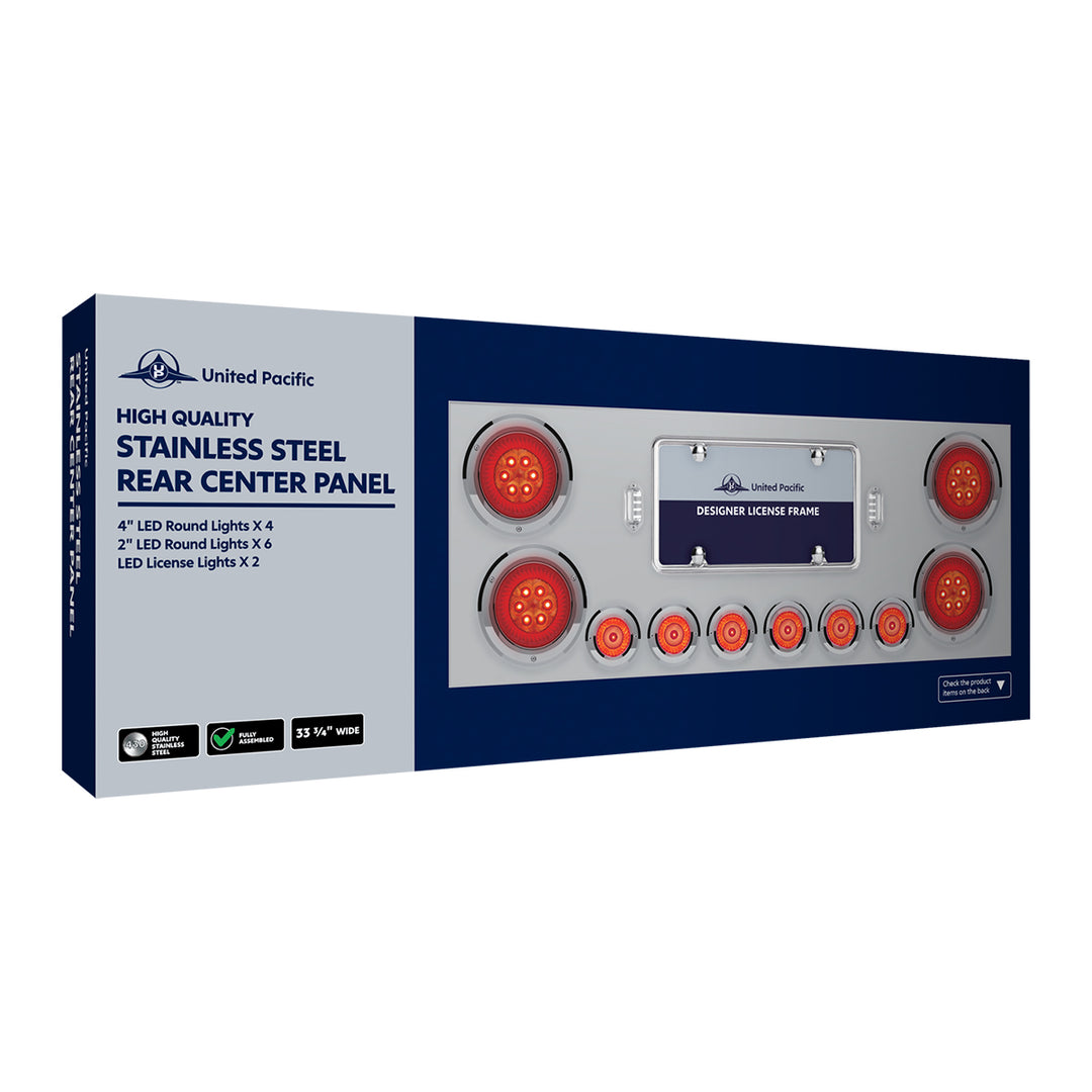 SS Rear Center Panel With Four 16 LED 4" Turbine Light &amp; Six 7 LED 2" Lights &amp; Bezels-Red LED/Red Lens