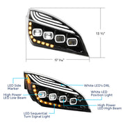 Black Quad-LED Headlight With LED DRL & Seq. Signal For 2018-2024 Freightliner Cascadia - Passenger