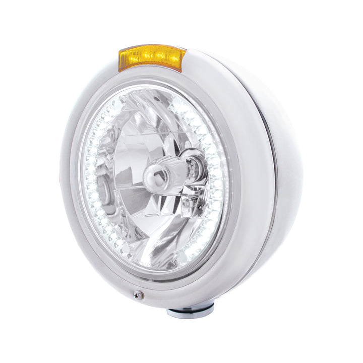 Stainless Steel Classic Headlight H4 With 34 White LED &amp; Signal - Amber Lens