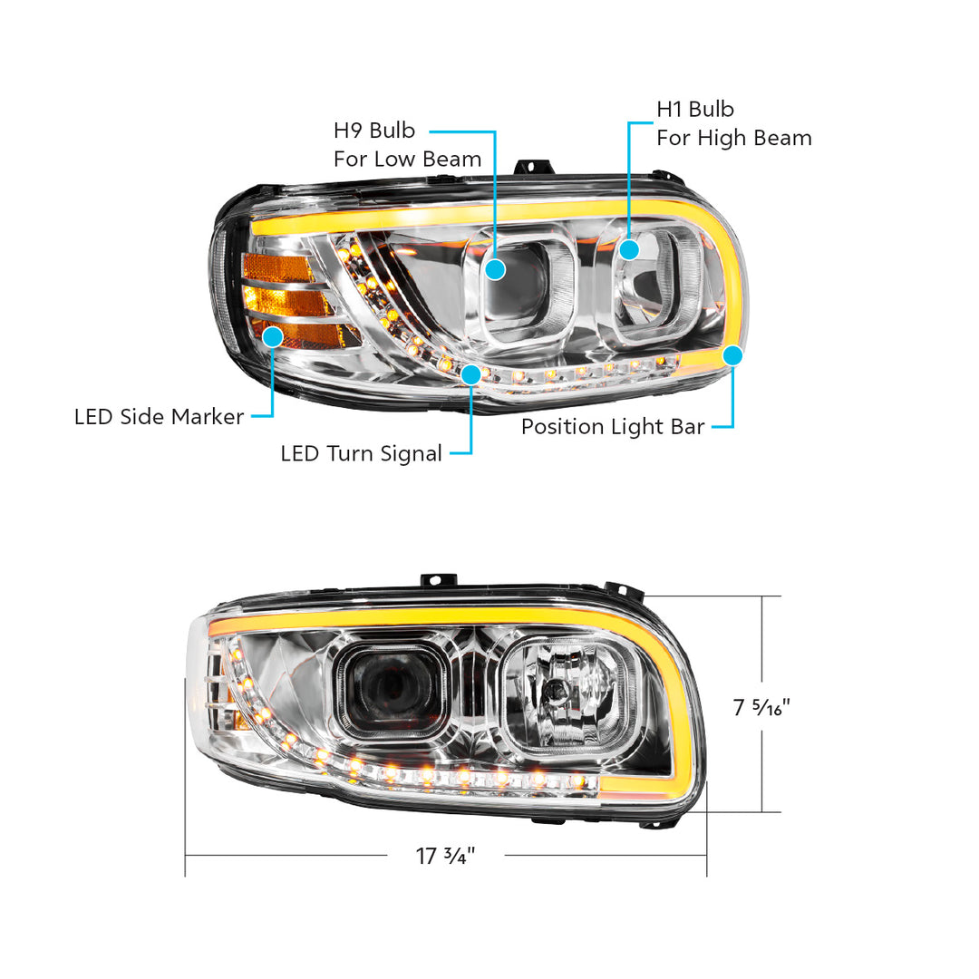 Chrome Projection Headlight With LED Turn Signal &amp; Light Bar For 2008-2024 Peterbilt 389-Passenger