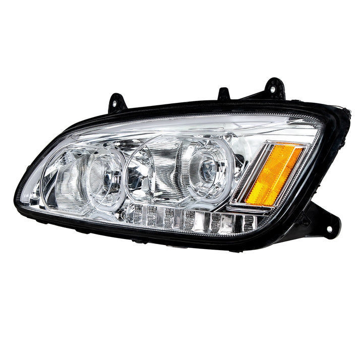 Chrome LED Headlight With LED Turn Signal &amp; LED Position Light Bar For 2008-2017 Kenworth T660 - Driver