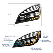 Black Quad-LED Headlight With LED DRL & Seq. Signal For 2018-2024 Freightliner Cascadia - Driver