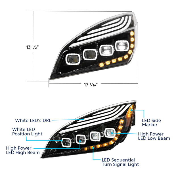 Black Quad-LED Headlight With LED DRL & Seq. Signal For 2018-2024 Freightliner Cascadia - Driver