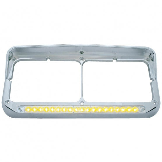 Chrome Rectangular Dual Headlight Bezel With Visor & 19 LED Light Bar - Amber LED/Clear Lens