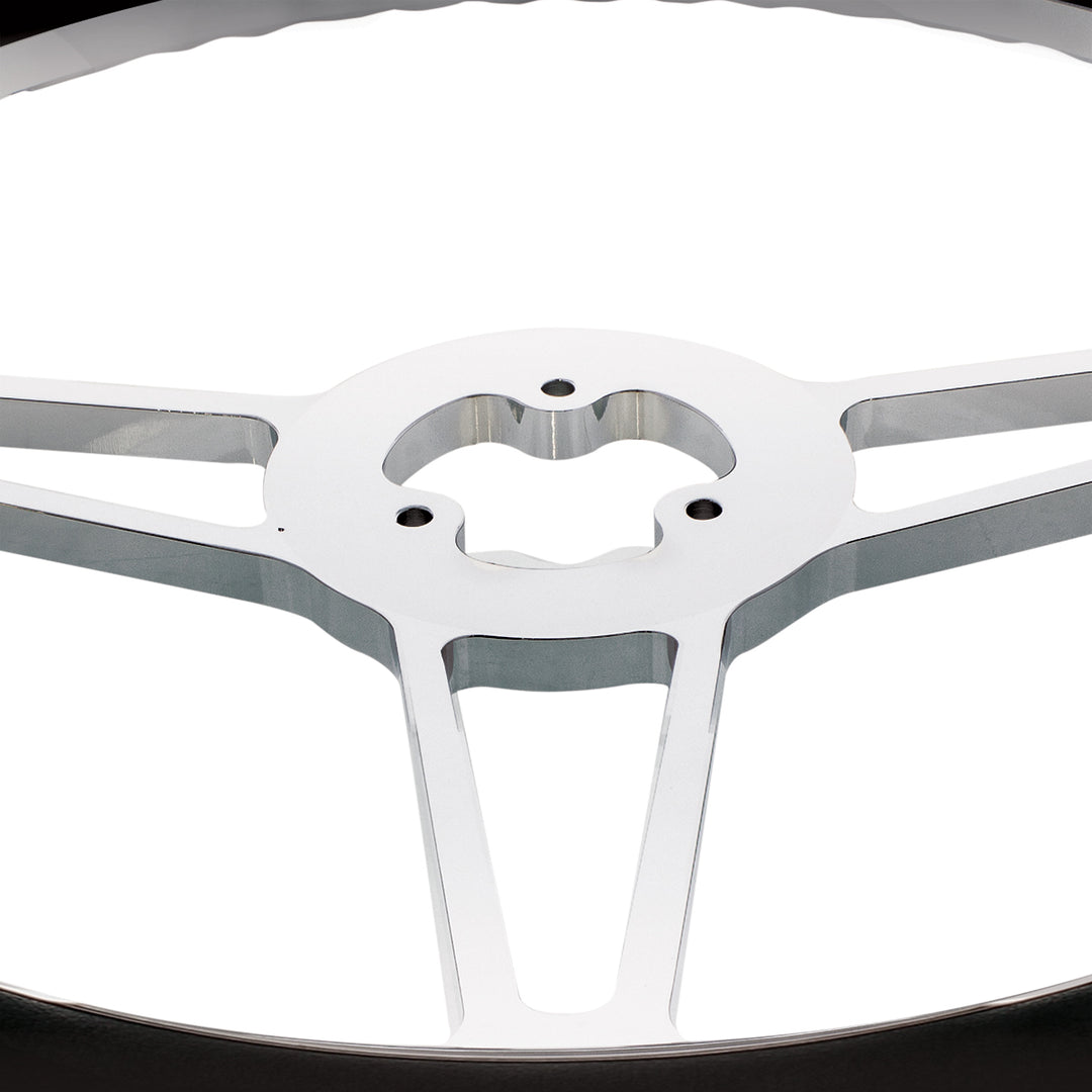 18" Chrome Aluminum "3-Spoke" Style Steering Wheel With Black Leather Rim