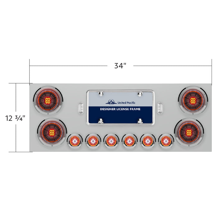 SS Rear Center Panel With Four 13 LED 4" Abyss Light &amp; Six 4 LED 2" Lights &amp; Bezels-Red LED/Clear Lens