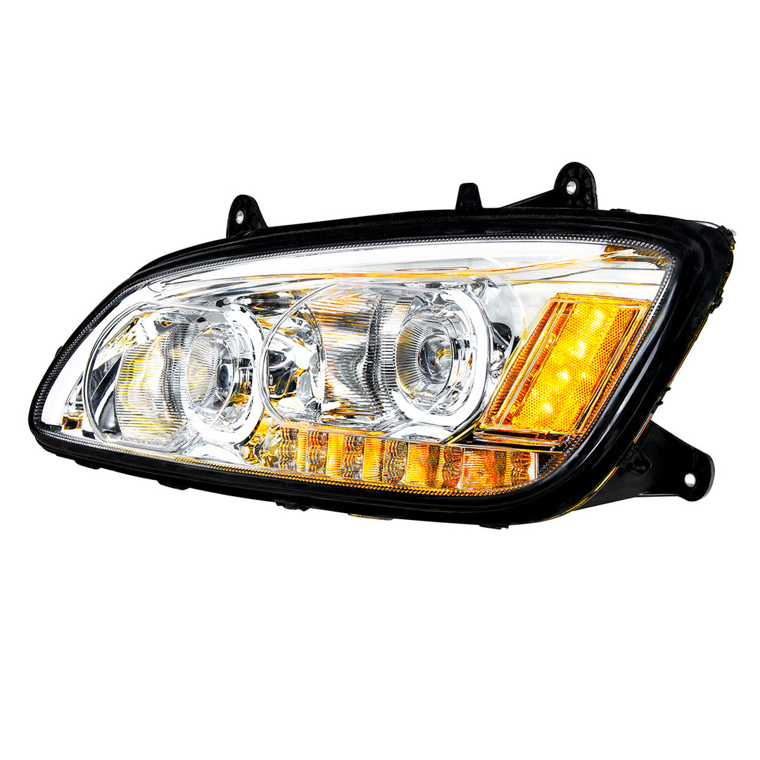 Chrome LED Headlight With LED Turn Signal &amp; LED Position Light Bar For 2008-2017 Kenworth T660 - Driver