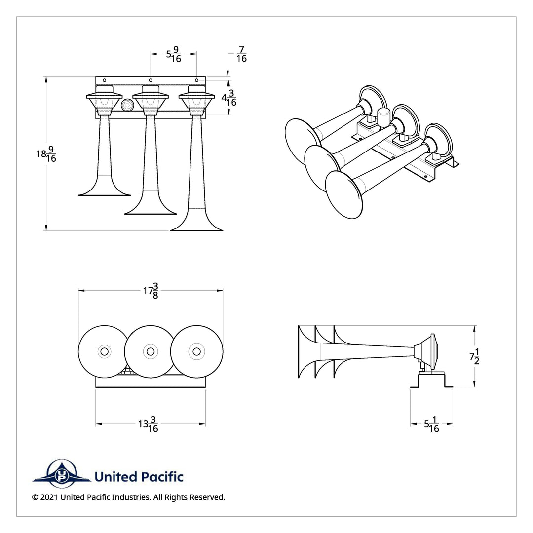 3 Trumpets Horizontal Chrome Train Horn - Left