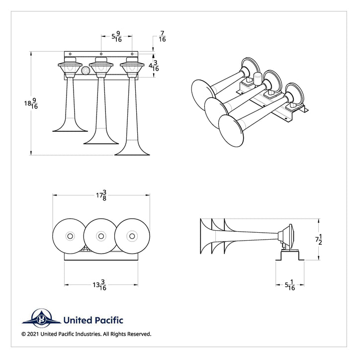 3 Trumpets Horizontal Chrome Train Horn - Left
