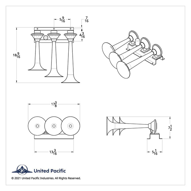 3 Trumpets Horizontal Chrome Train Horn - Left